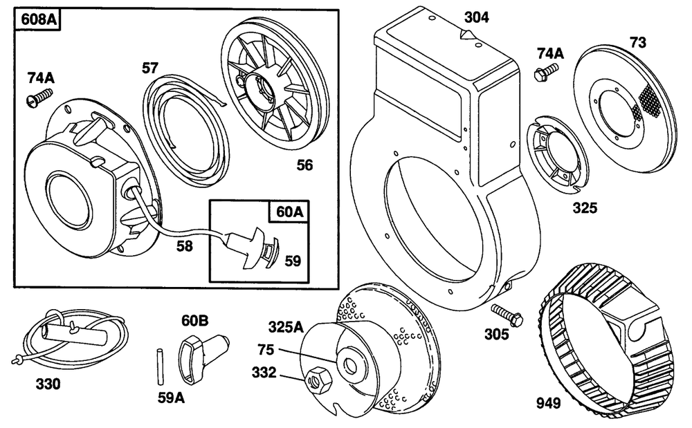 Blower Housing, Rewind Assembly 2 Diagram and Parts List for 82232-0386-01  Briggs and Stratton Engine
